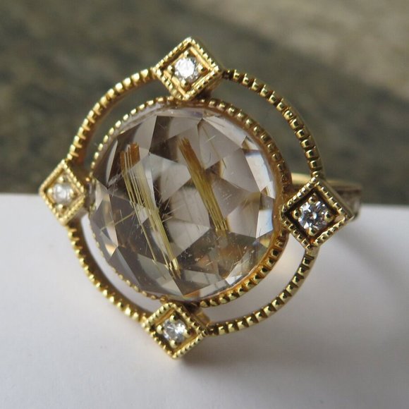 Natural Rutilated Quartz, Diamonds 18K Yellow Gold "My Spiritual Compass Ring - Picture 4 of 17